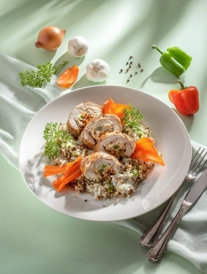 Рулет из курицы с овощами и гречкой