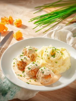 Готовое блюдо Рыбные тефтели с картофельным пюре под пикантным соусом TheNorm
