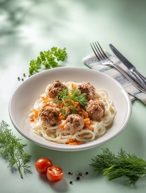 Фрикадельки с пастой под пикантным соусом