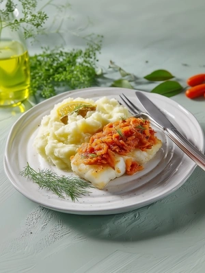Рыба белая под маринадом с картофельным пюре  готовое блюдо Это Норма